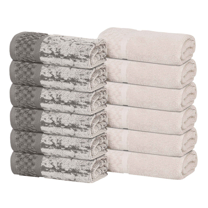 Lodie Cotton Plush Jacquard Solid and Two-Toned Face Towel Set of 12