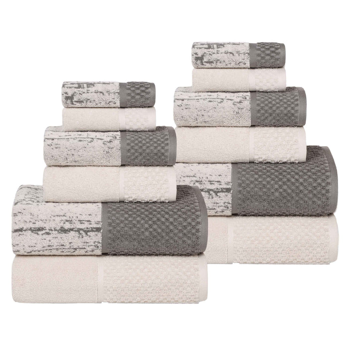 Lodie Cotton Plush Jacquard Solid and Two-Toned 12 Piece Towel Set - Ivory/Charcoal