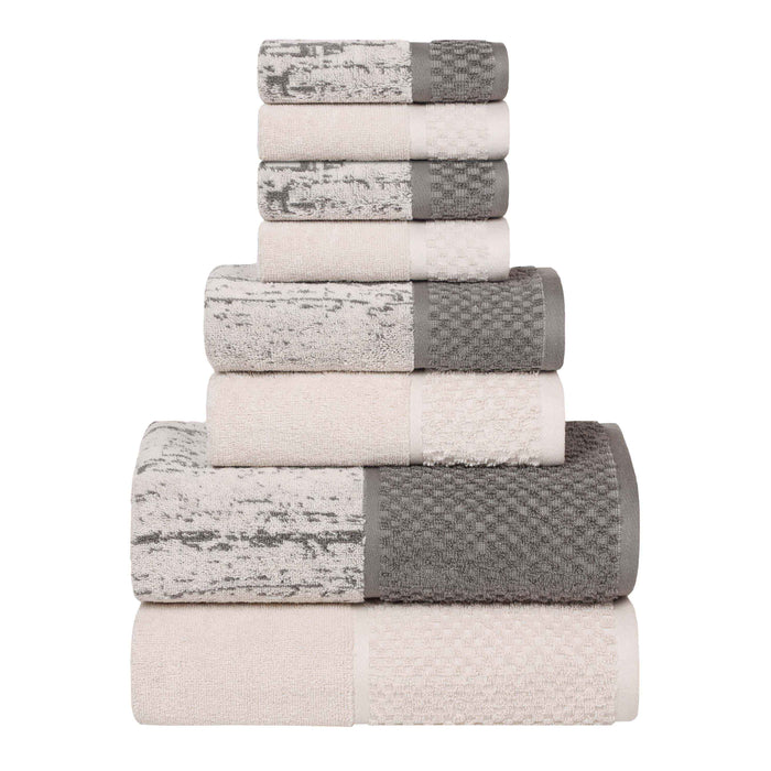 Lodie Cotton Plush Jacquard Solid and Two-Toned 8 Piece Towel Set - Ivory/Charcoal