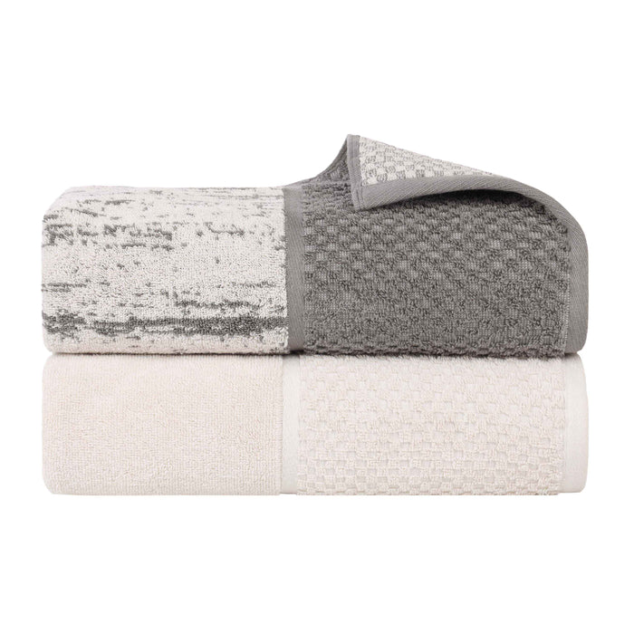 Lodie Cotton Plush Jacquard Solid and Two-Toned Bath Sheet Set of 2 - Ivory/Charcoal