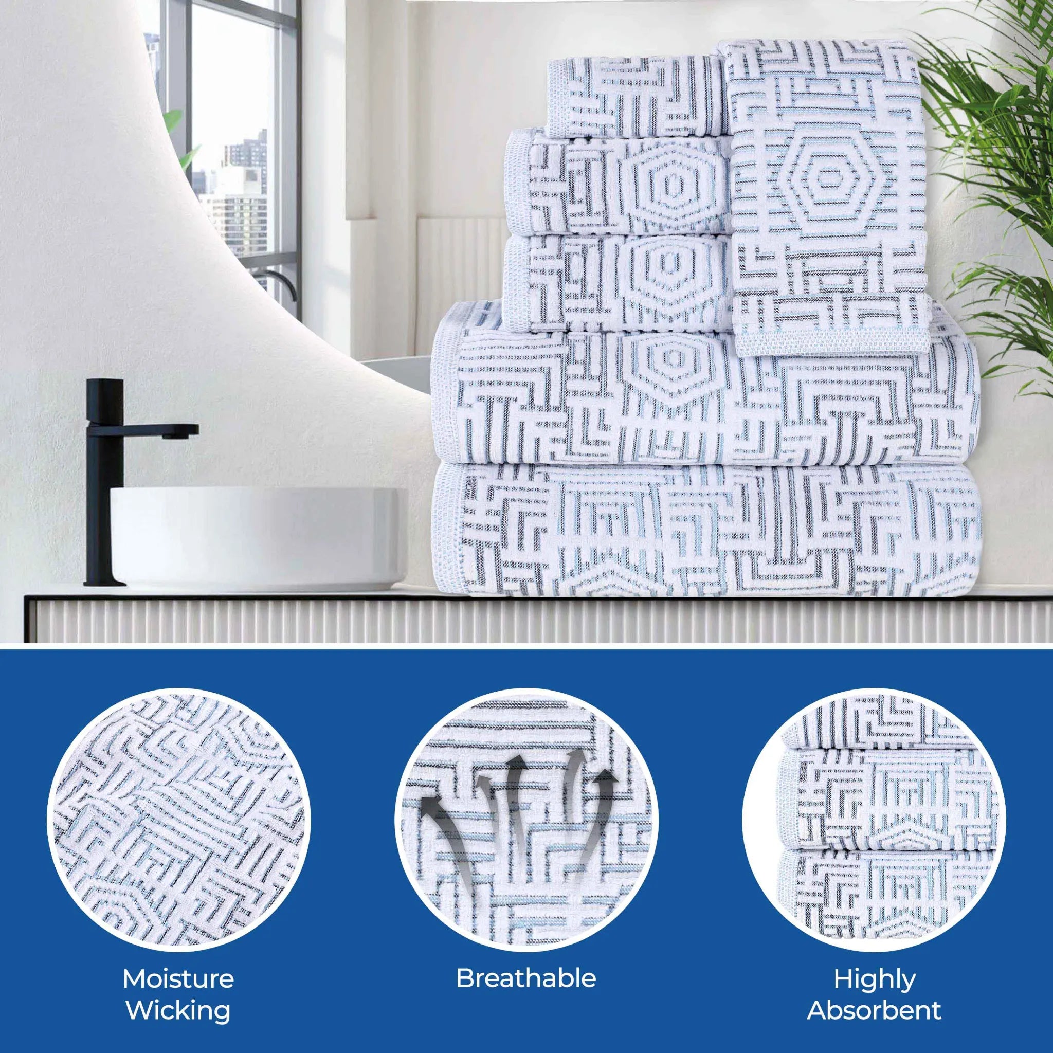 BNM Jasper Cotton Geometric Jacquard Plush Bath Towel Set 2-Piece