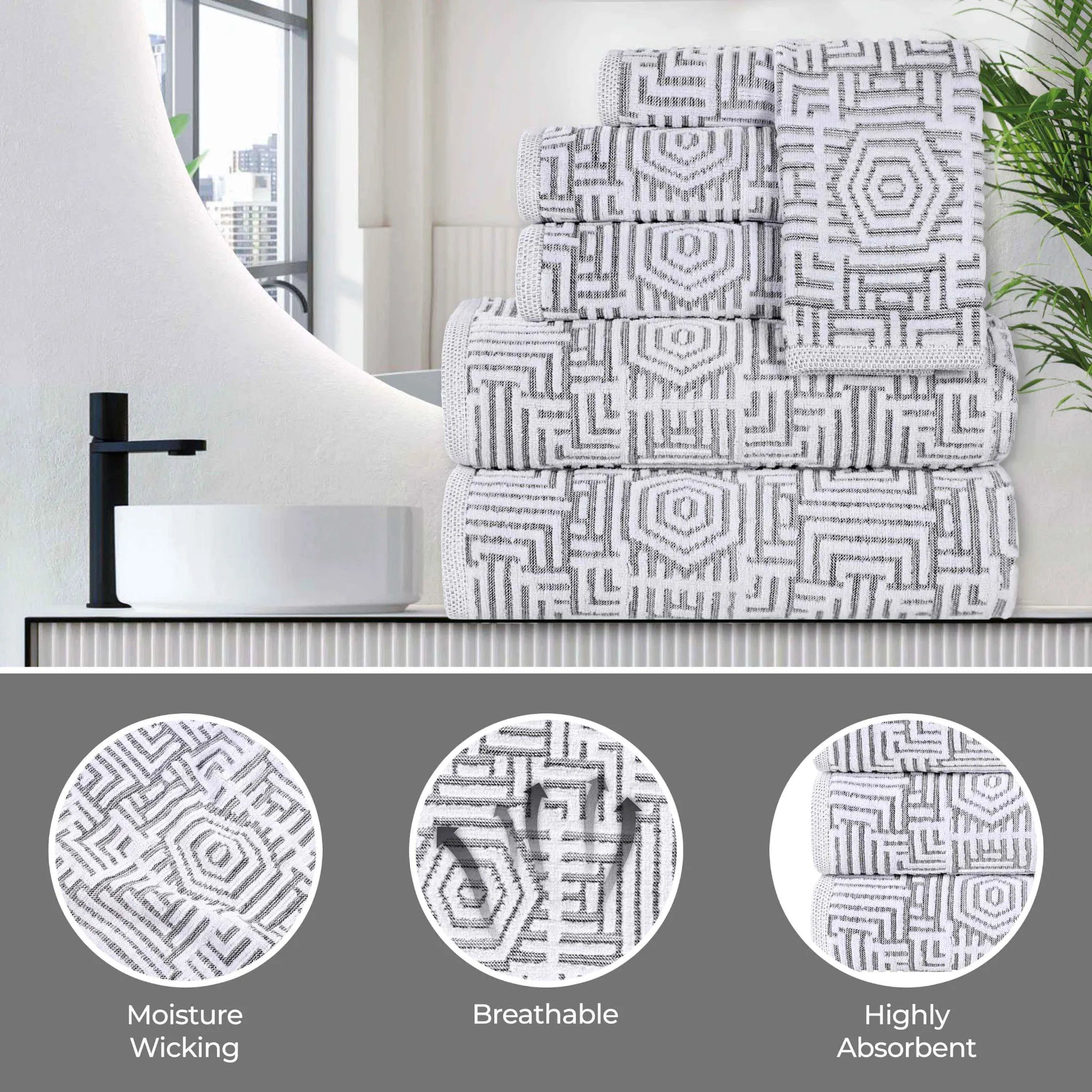 BNM Jasper Cotton Geometric Jacquard Plush Bath Towel Set 2-Piece