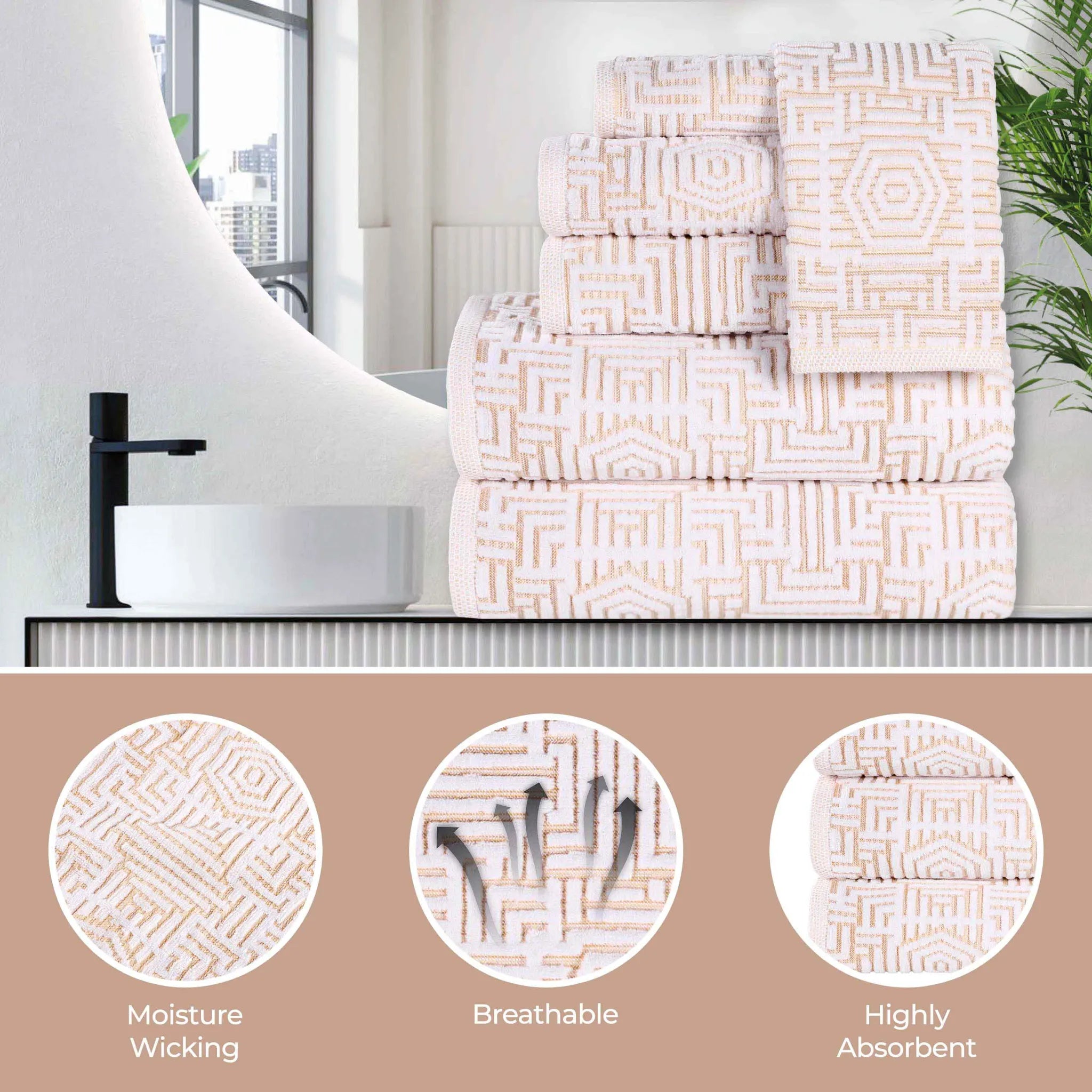 BNM Jasper Cotton Geometric Jacquard Plush Bath Towel Set 2-Piece