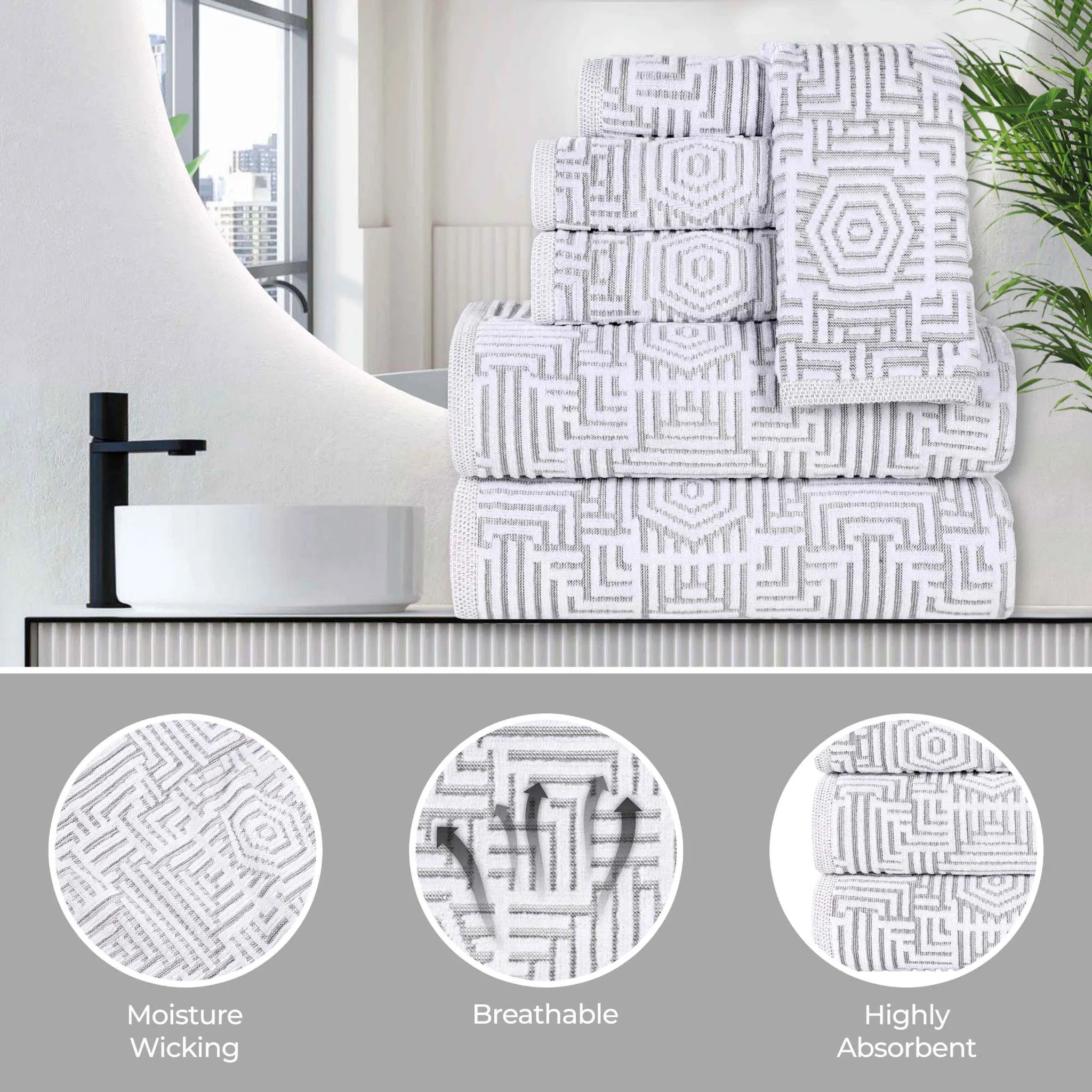 BNM Jasper Cotton Geometric Jacquard Plush Bath Towel Set 2-Piece