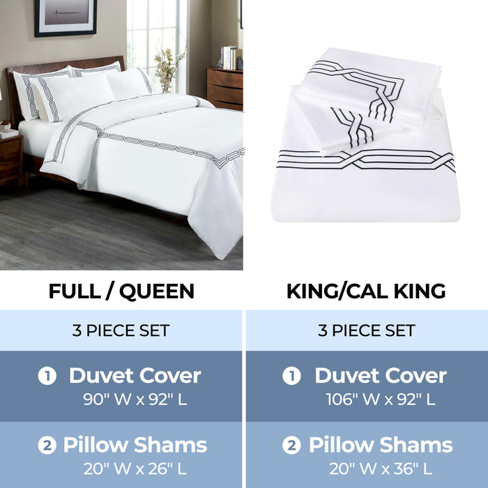 Egyptian Cotton 1200 Thread Count Embroidered Duvet Cover Set - White-NavyBlue