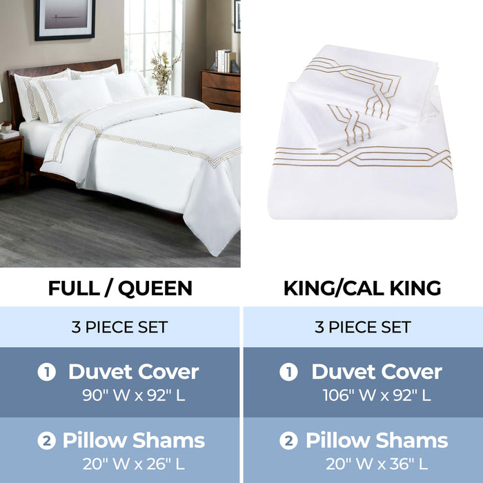 Egyptian Cotton 1200 Thread Count Embroidered Duvet Cover Set - White-Taupe