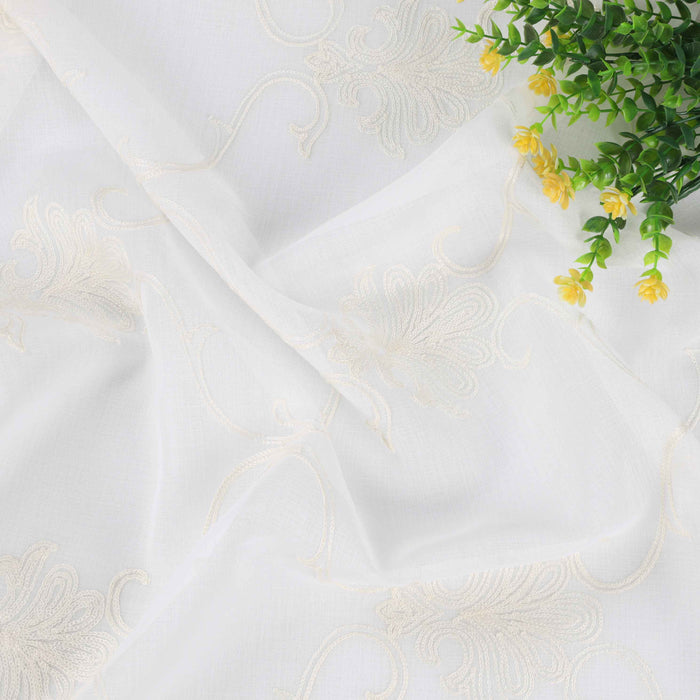 Embroidered Elegant Scroll Sheer Grommet Curtain Panel Set - Ivory