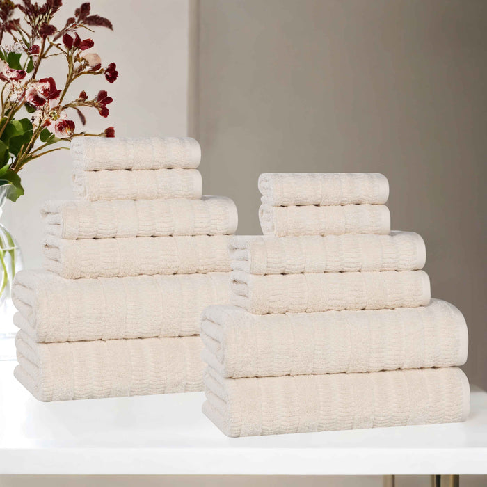 Mika Smart Twist Cotton Solid Vertical Ribbed 12 Piece Towel Set