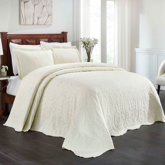 Aspen Cotton Blend Jacquard Woven Floral Scalloped Edges Bedspread Set - Ivory