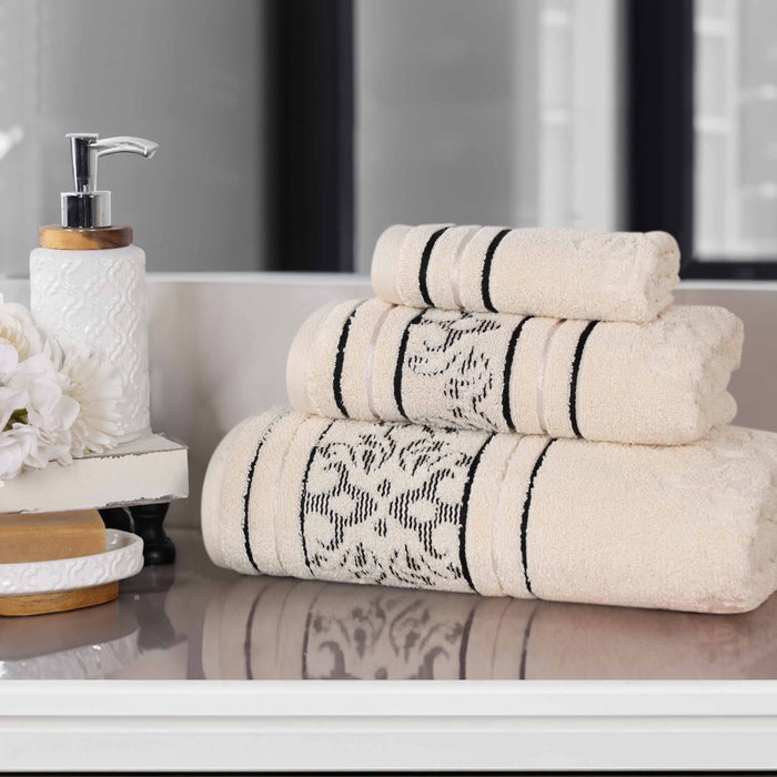 Sadie Zero Twist Cotton Elegant Floral 3 Piece Jacquard Towel Set