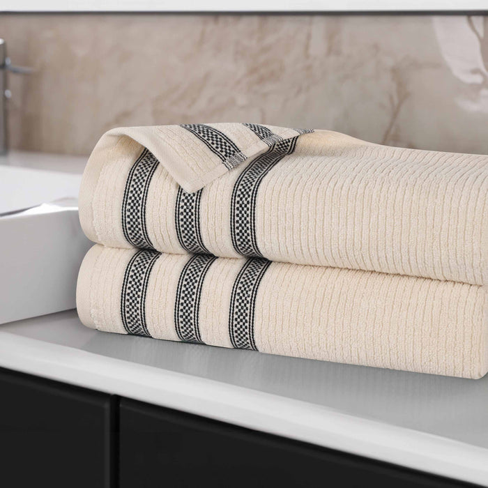 Zero Twist Cotton Ribbed Geometric Border Plush Bath Sheet Set of 2