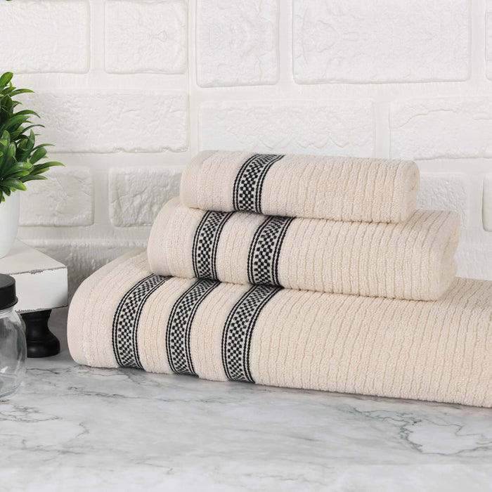 Zero Twist Cotton Ribbed Geometric Border Plush 3 Piece Towel Set