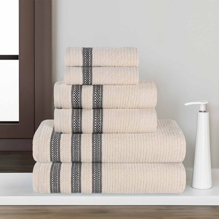 Zero Twist Cotton Ribbed Geometric Border Plush 6 Piece Towel Set