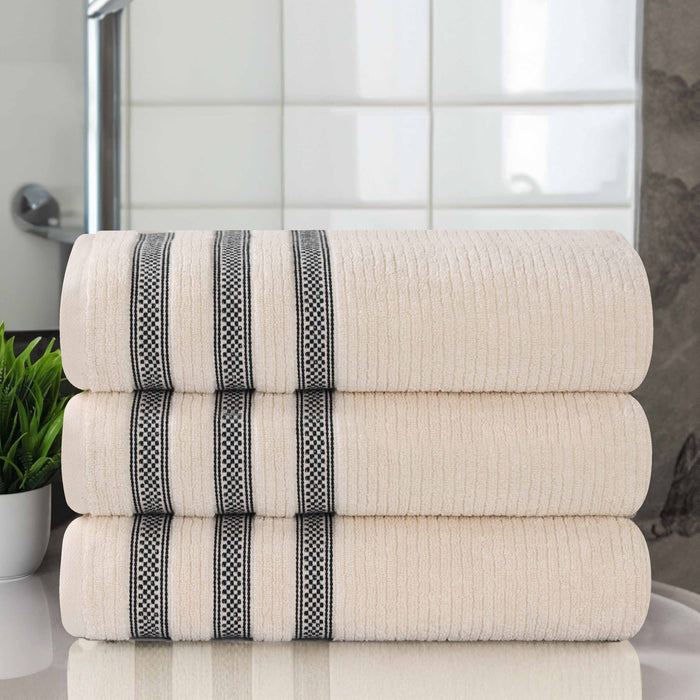 Zero Twist Cotton Ribbed Geometric Border Plush Bath Towel Set of 3