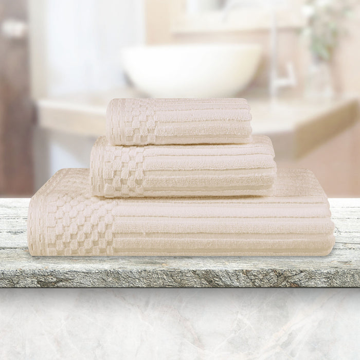 Soho Ribbed Textured Cotton Ultra-Absorbent 3-Piece Assorted Towel Set - Ivory