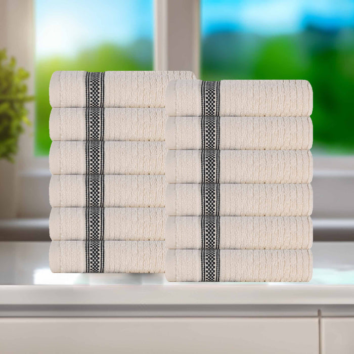 Zero Twist Cotton Ribbed Geometric Border Plush Face Towel Set of 12