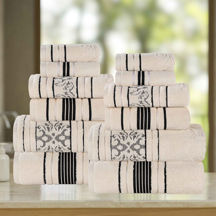 Sadie Zero Twist Cotton Solid and Jacquard Floral 12 Piece Towel Set