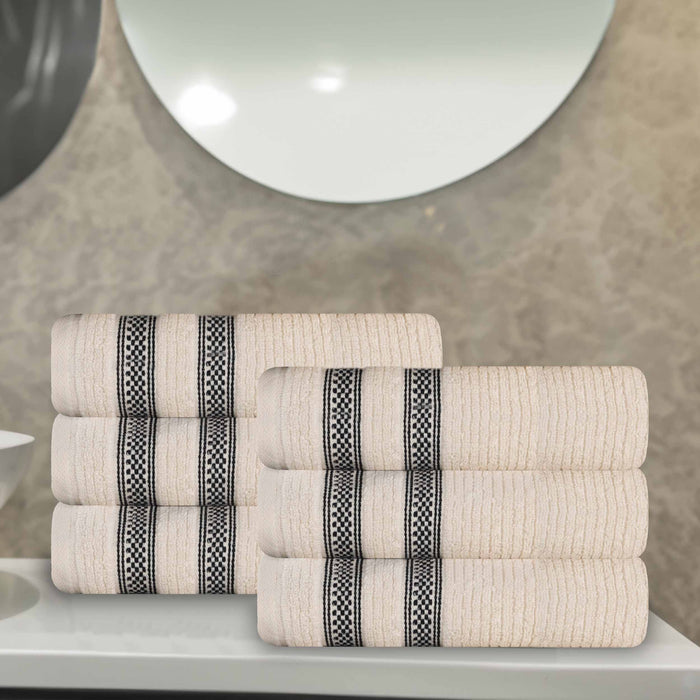 Zero Twist Cotton Ribbed Geometric Border Plush Hand Towel Set of 6