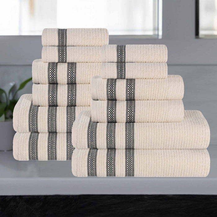 Zero Twist Cotton Ribbed Geometric Border Plush 12 Piece Towel Set