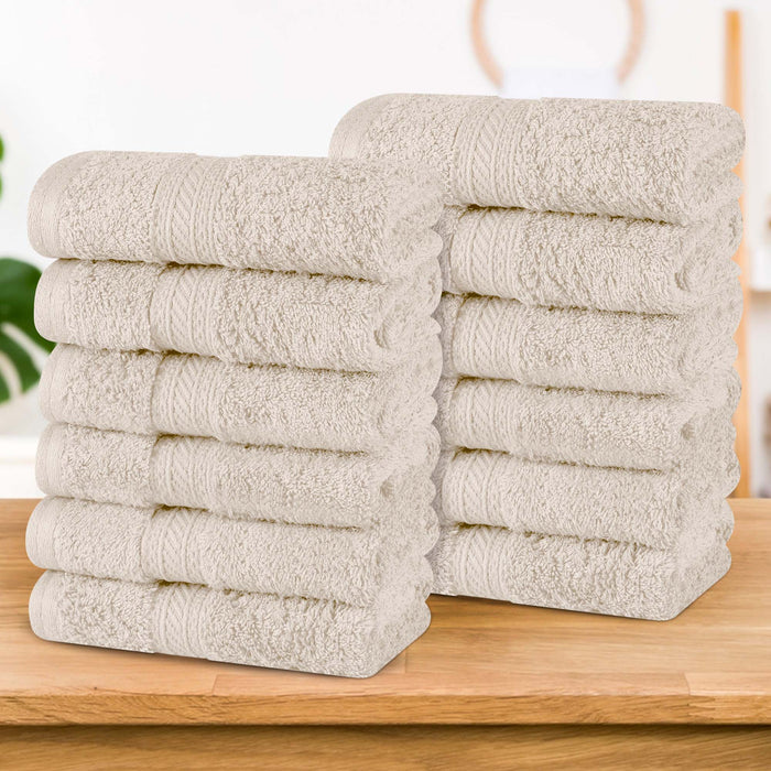 Atlas Cotton Plush Heavyweight Luxury Face Towel Washcloth Set of 12 - Ivory