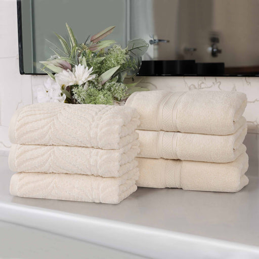 Cotton Solid and Jacquard Chevron Hand Towel Assorted Set of 6 - Ivory