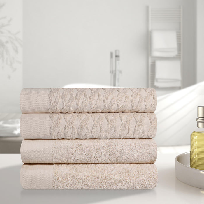 Turkish Cotton Jacquard Herringbone and Solid 4 Piece Bath Towel Set - Ivory