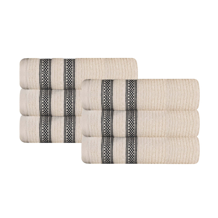 Zero Twist Cotton Ribbed Geometric Border Plush Hand Towel Set of 6