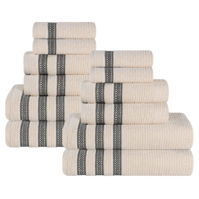 Zero Twist Cotton Ribbed Geometric Border Plush 12 Piece Towel Set