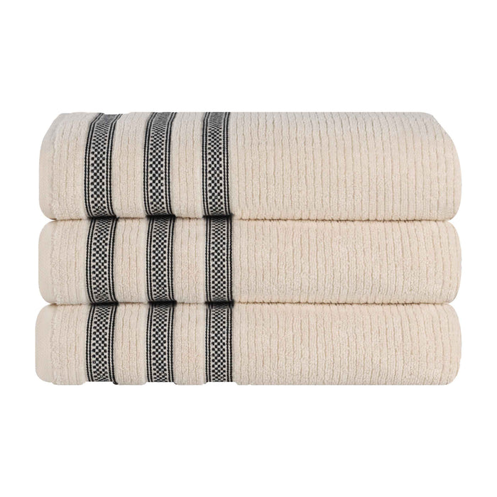 Zero Twist Cotton Ribbed Geometric Border Plush Bath Towel Set of 3