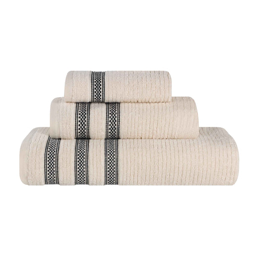 Zero Twist Cotton Ribbed Geometric Border Plush 3 Piece Towel Set - Ivory