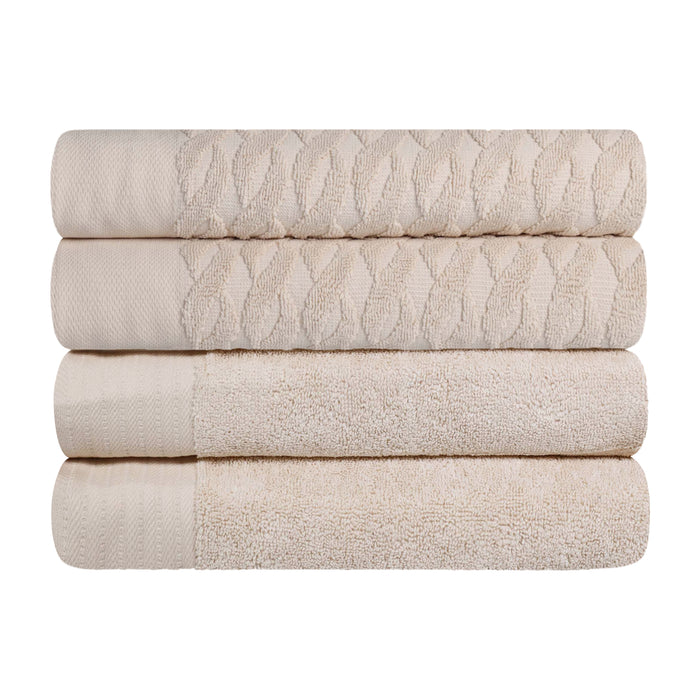 Turkish Cotton Jacquard Herringbone and Solid 4 Piece Bath Towel Set - Ivory