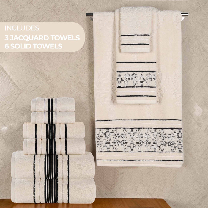 Sadie Zero Twist Cotton Solid and Jacquard Floral 9 Piece Towel Set