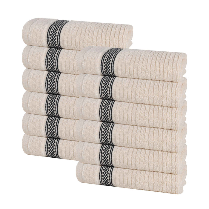 Zero Twist Cotton Ribbed Geometric Border Plush Face Towel Set of 12