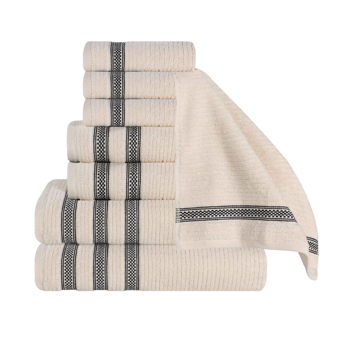 Zero Twist Cotton Ribbed Geometric Border Plush 8-Piece Towel Set - Ivory