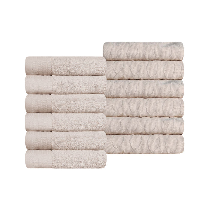 Turkish Cotton Jacquard Herringbone and Solid 12 Piece Face Towel Set - Ivory
