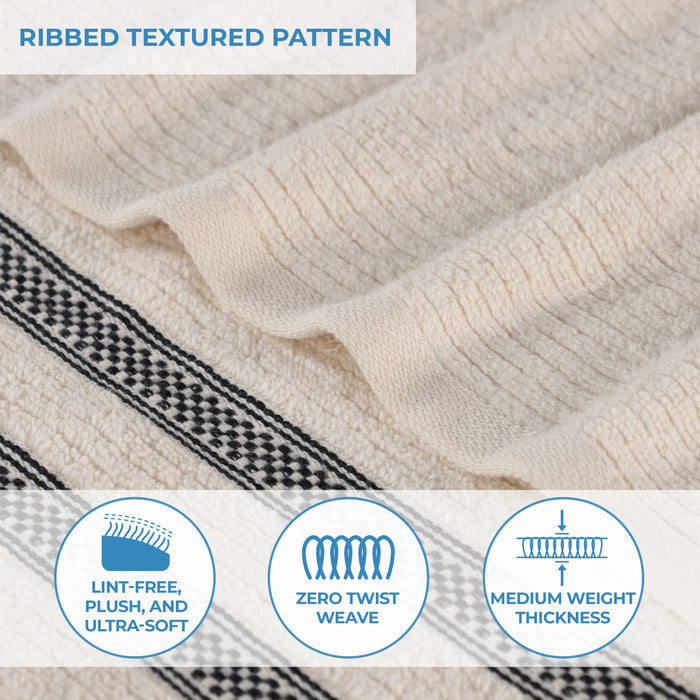 Zero Twist Cotton Ribbed Geometric Border Plush 8-Piece Towel Set - Ivory