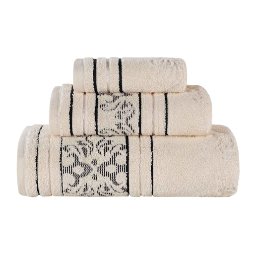 Sadie Zero Twist Cotton Floral Motif 3 Piece Jacquard Towel Set - Ivory