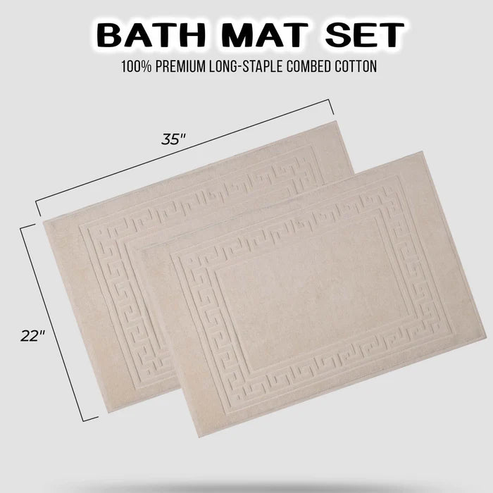 Cotton 2 Piece Greek Key Border Super Absorbent Bath Mat Set - Ivory