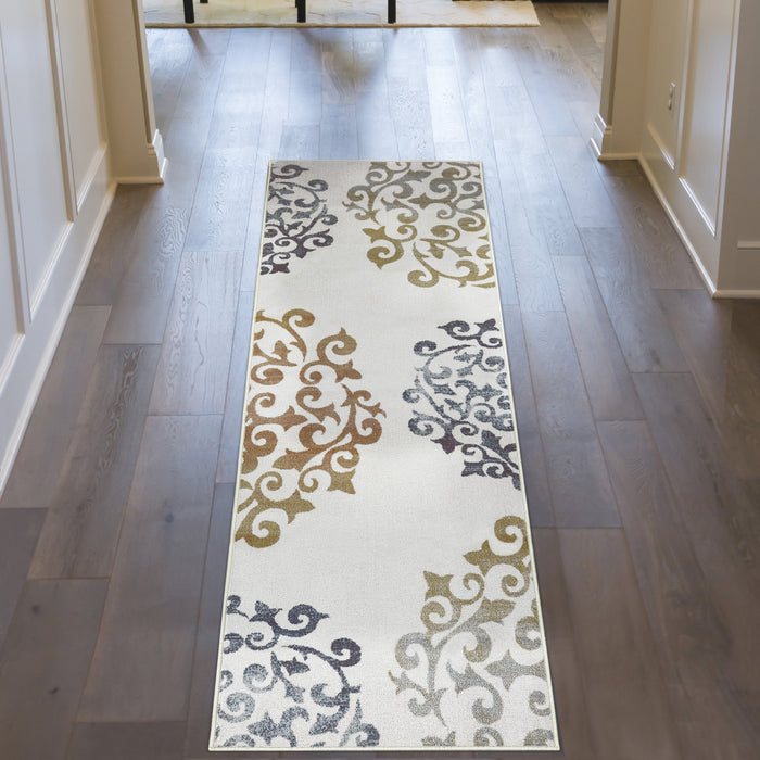 Amber Floral Scroll Non-Slip Washable Indoor Area Rug or Runner - Ivory