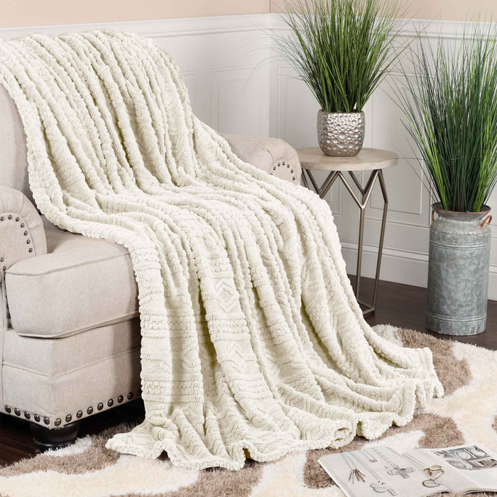 Boho Knit Jacquard Fleece Plush Fluffy Blanket - Ivory