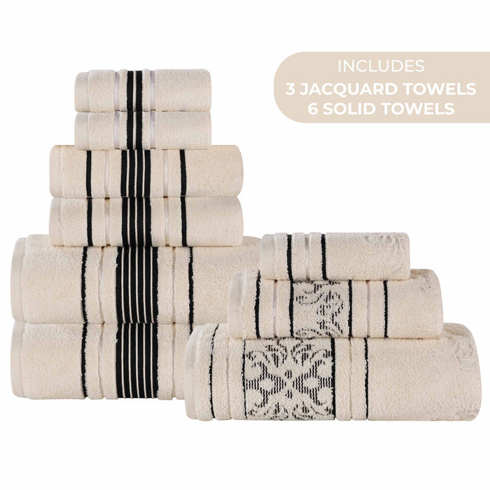 Sadie Zero Twist Cotton Solid and Jacquard Floral 9 Piece Towel Set