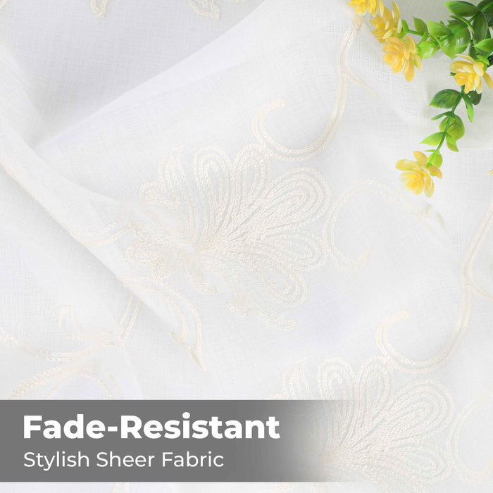 Embroidered Elegant Scroll Sheer Grommet Curtain Panel Set - Ivory