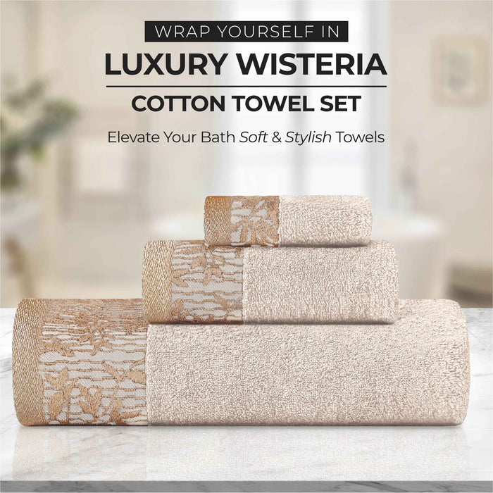 Wisteria Cotton Floral Embroidered Jacquard Border Bath Towel Set of 4