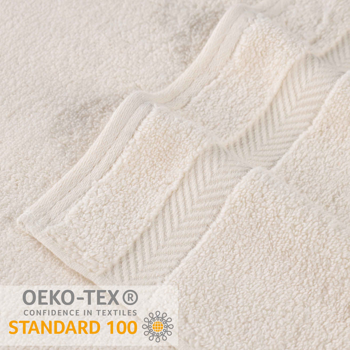 Wringcaster Zero-Twist Towel Set, 100% Combed Cotton, Chevron Border, 575 GSM, Quick-Dry, 6-Pieces - Ivory