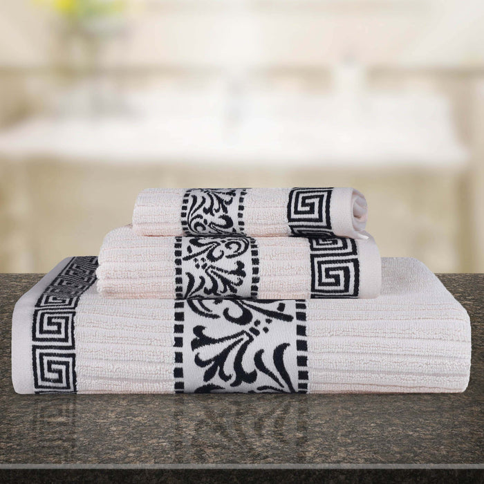 Athens Cotton Greek Scroll and Floral 3-Piece Assorted Towel Set  - Ivory-Black