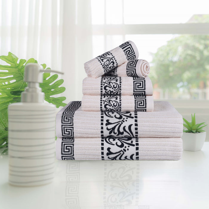 Athens Cotton Greek Scroll and Floral 6-Piece Assorted Towel Set - Ivory-Black