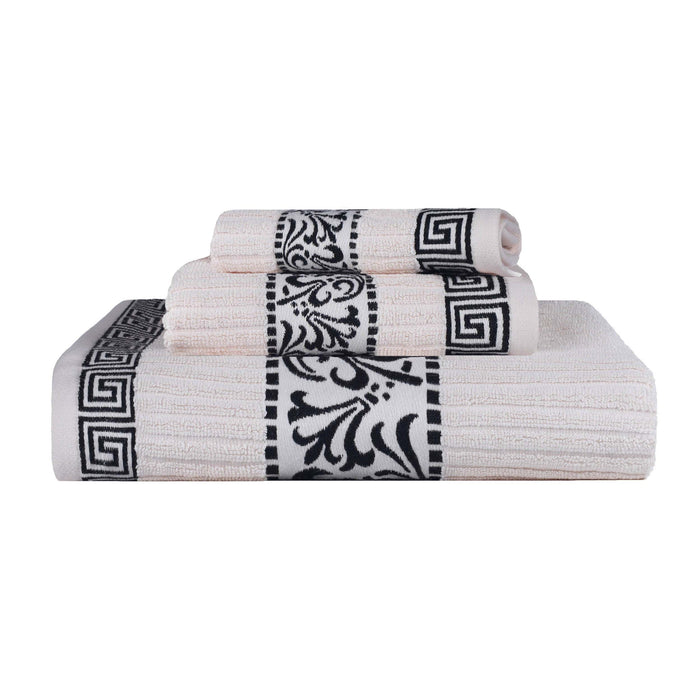 Athens Cotton Greek Scroll and Floral 3-Piece Assorted Towel Set  - Ivory-Black