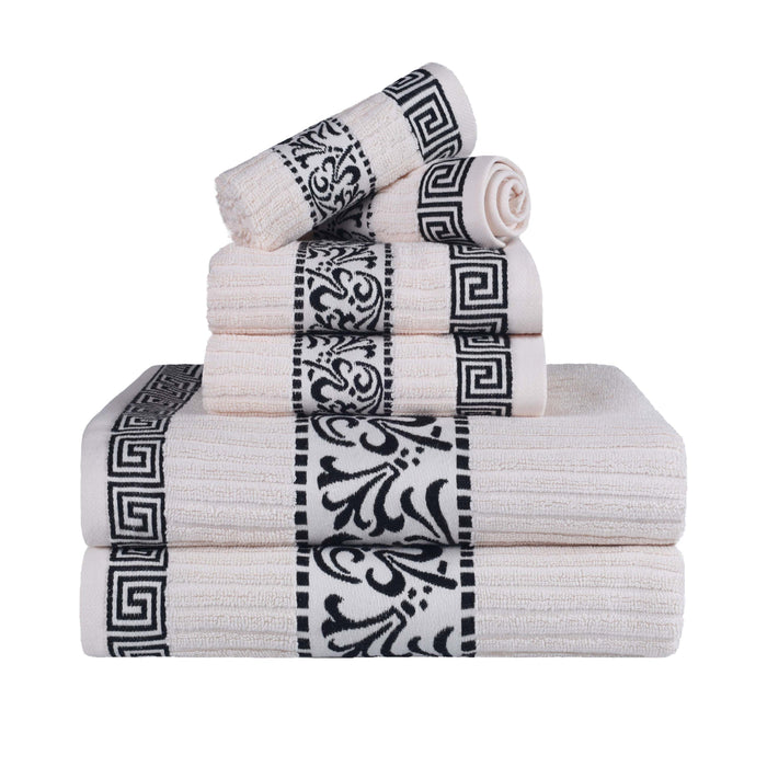 Athens Cotton Greek Scroll and Floral 6-Piece Assorted Towel Set - Ivory-Black