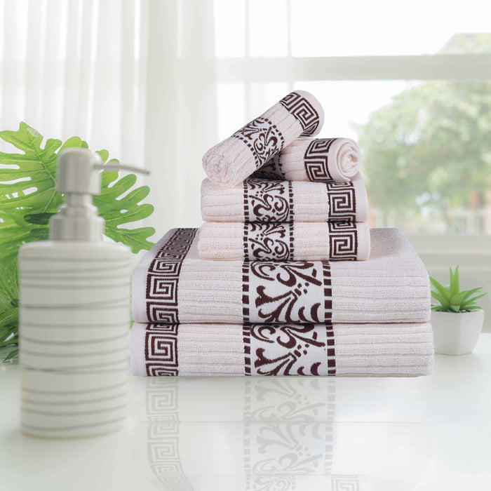 Athens Cotton Greek Scroll and Floral 6-Piece Assorted Towel Set - Ivory-Chocolate