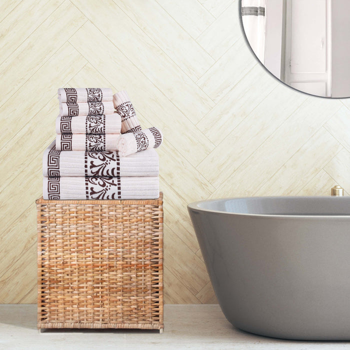 Athens Cotton with Greek Scroll and Floral Pattern 8-Piece Towel Set - Ivory-Chocolate